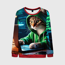 Свитшот мужской Котенок хакер за ноутбуком, цвет: 3D-красный