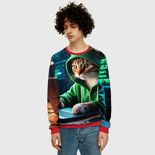 Мужской свитшот Котенок хакер за ноутбуком / 3D-Красный – фото 3