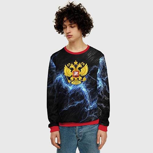 Мужской свитшот Герб РФ на черной текстуре с синими потертостями / 3D-Красный – фото 3