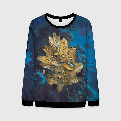 Мужской свитшот Осенний лист с каплями акварельный - крупный арт / 3D-Черный – фото 1