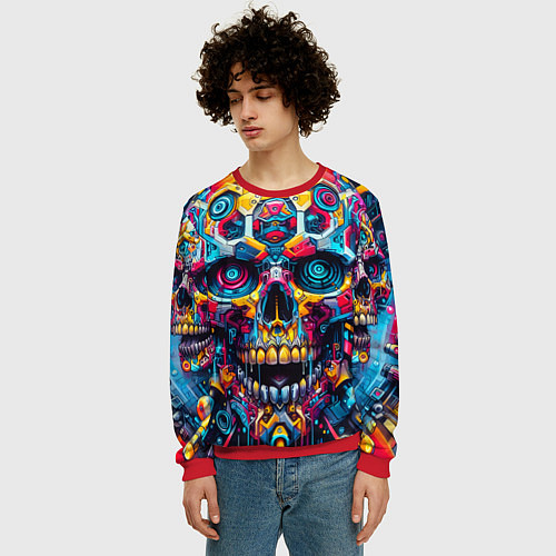 Мужской свитшот Кибер череп - нейроарт паттерн / 3D-Красный – фото 3