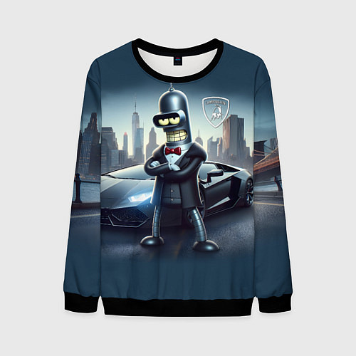 Мужской свитшот Крутой Бендер рядом с Ламборджини / 3D-Черный – фото 1