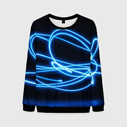 Мужской свитшот Неоновые голубые волны на черном фоне