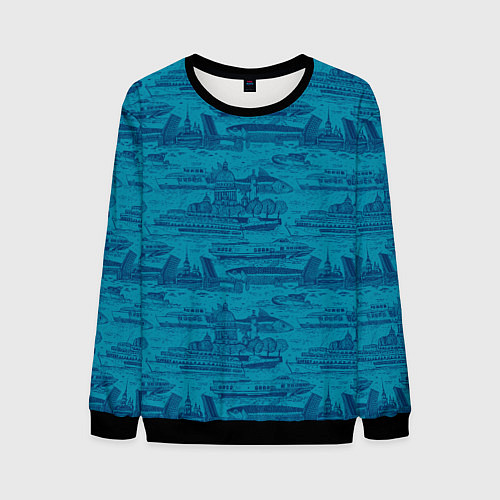 Мужской свитшот Корюшка пошла по Неве на синем фоне / 3D-Черный – фото 1
