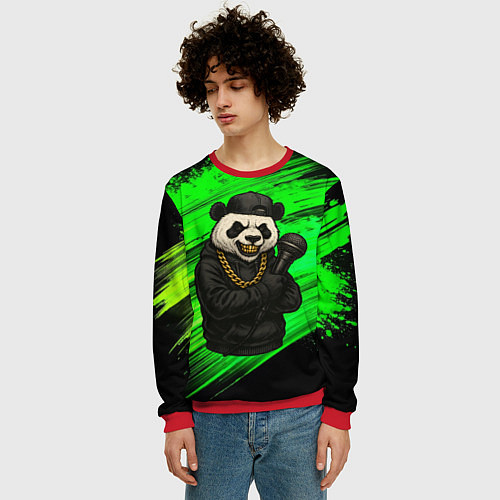 Мужской свитшот Панда рэпер с микрофоном / 3D-Красный – фото 3