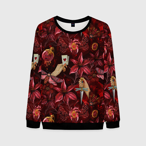 Мужской свитшот Бордовая готика с сердцем, лилиями и мотыльками / 3D-Черный – фото 1
