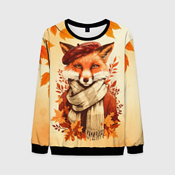 Свитшот мужской Осенний лис в шарфе, цвет: 3D-черный