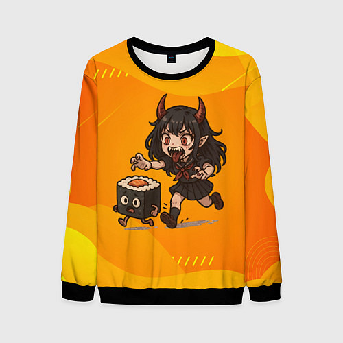 Мужской свитшот Девочка дьявол бежит за роллом / 3D-Черный – фото 1
