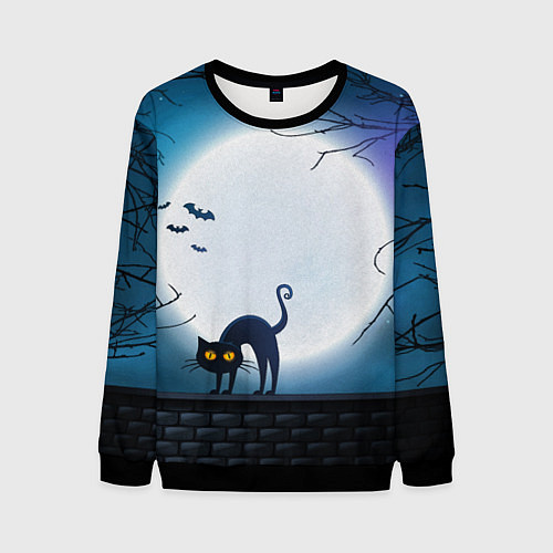 Мужской свитшот Полнолуние и черный кот - жуткий Хэллоуин / 3D-Черный – фото 1