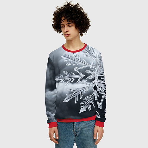 Мужской свитшот Снежинка на черно белое / 3D-Красный – фото 3