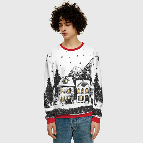 Мужской свитшот Черно-белый новогодний город / 3D-Красный – фото 3