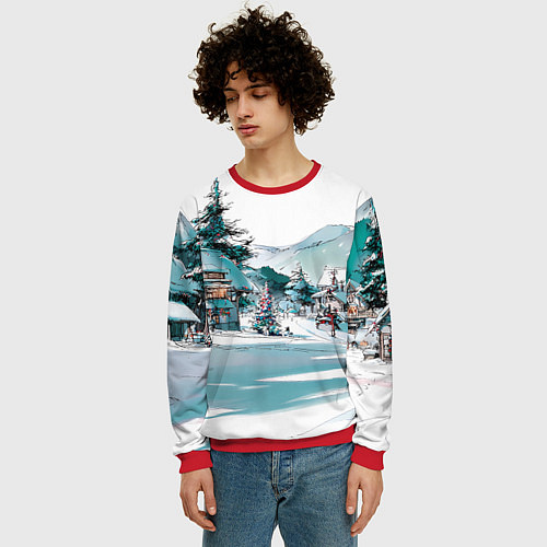 Мужской свитшот Дома и елки - Новый год / 3D-Красный – фото 3