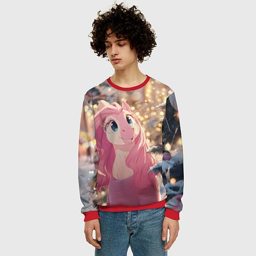 Мужской свитшот Удивленная лошадка - Новый год / 3D-Красный – фото 3