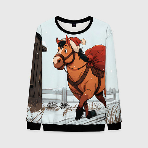 Мужской свитшот Лошадка везет новогодние подарки / 3D-Черный – фото 1