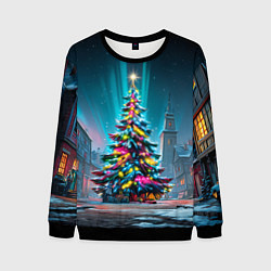 Свитшот мужской Новогодняя елка в гирляндах, цвет: 3D-черный