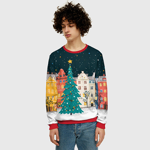 Мужской свитшот Новогодняя ночь в городе / 3D-Красный – фото 3