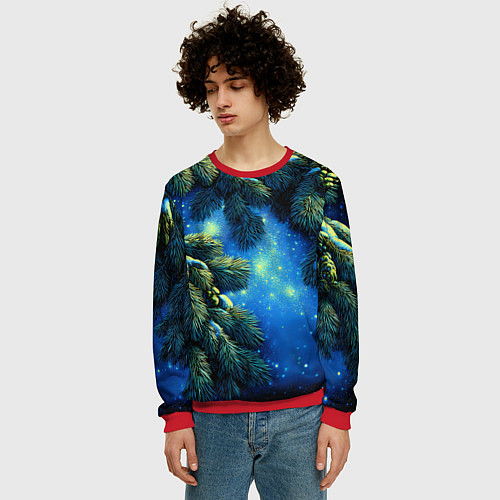 Мужской свитшот Новогодние ветки елки / 3D-Красный – фото 3