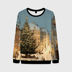 Свитшот мужской Елка во дворе города, цвет: 3D-черный