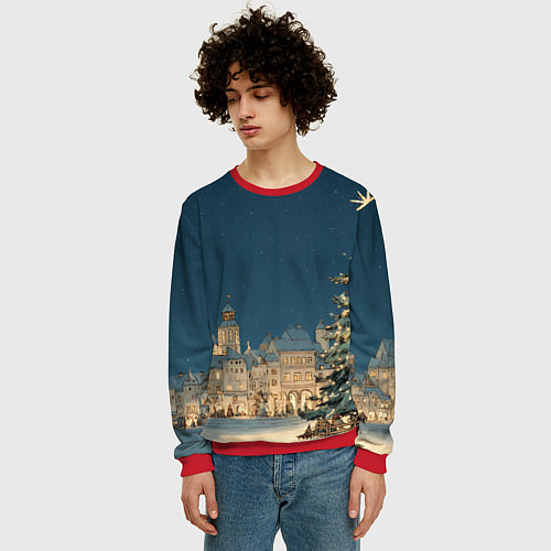 Мужской свитшот Новогодняя атмосфера в городе / 3D-Красный – фото 3