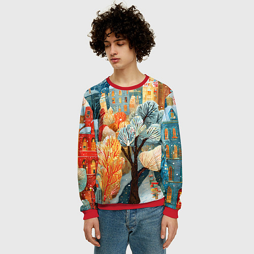 Мужской свитшот Разноцветные новогодние домики / 3D-Красный – фото 3