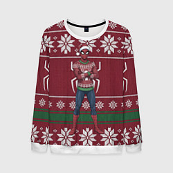 Свитшот мужской Человек паук в вязаном свитере - новый год, цвет: 3D-белый