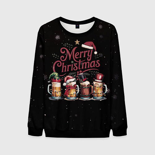 Мужской свитшот Кружки пива в новогодних шапках / 3D-Черный – фото 1