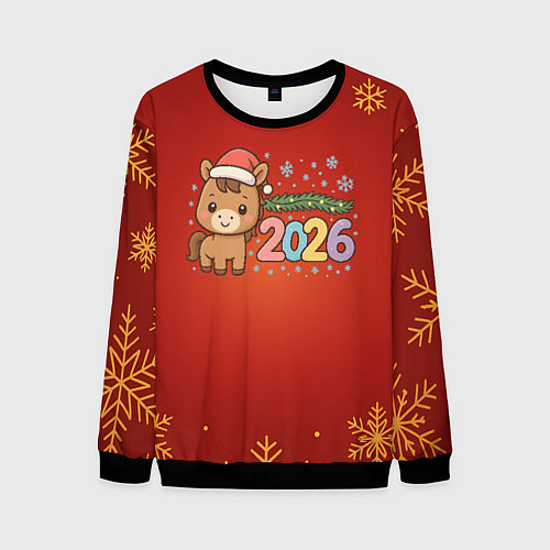 Мужской свитшот Новогодняя лошадка 2026 на красном фоне / 3D-Черный – фото 1