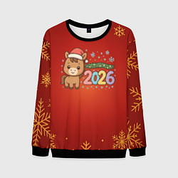 Мужской свитшот Новогодняя лошадка 2026 на красном фоне