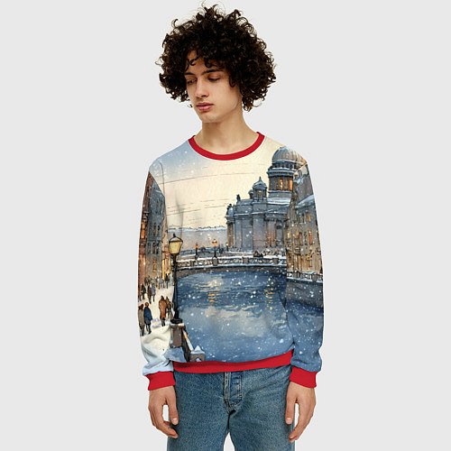Мужской свитшот Санкт-Петербург снежный день / 3D-Красный – фото 3