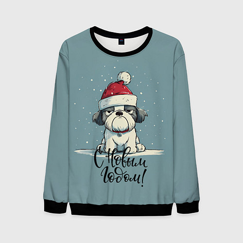 Мужской свитшот С Новым годом - карикатурная собачка / 3D-Черный – фото 1