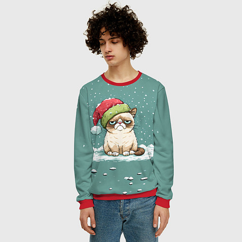 Мужской свитшот Недовольный новогодний котик / 3D-Красный – фото 3
