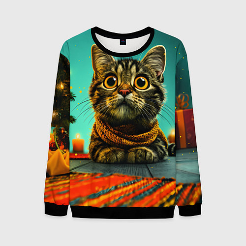 Мужской свитшот Котик под елкой / 3D-Черный – фото 1