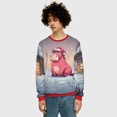 Мужской свитшот Розовая новогодняя лошадка / 3D-Красный – фото 3