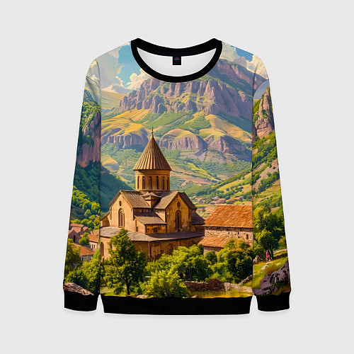 Мужской свитшот Горный покой: храм среди облаков / 3D-Черный – фото 1
