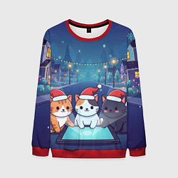 Свитшот мужской Новогодние котики с планшетом, цвет: 3D-красный