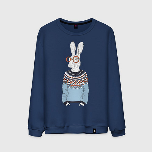 Мужской свитшот Кролик в свитере и очках / Тёмно-синий – фото 1