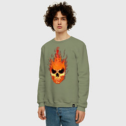 Свитшот хлопковый мужской Fire flame skull, цвет: авокадо — фото 2