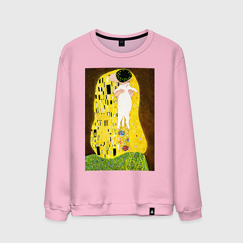 Мужской свитшот Густав Климт влюблённые поцелуй с котом / Светло-розовый – фото 1