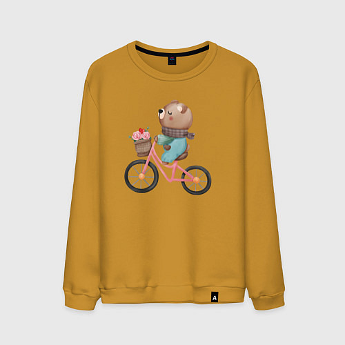 Мужской свитшот Медведь с цветами на велосипеде / Горчичный – фото 1