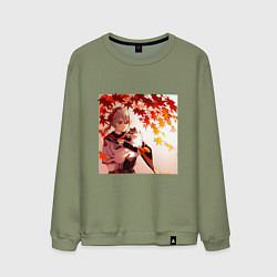 Свитшот хлопковый мужской Каэдэхара Кадзуха с котенком Геншин Импакт, цвет: авокадо