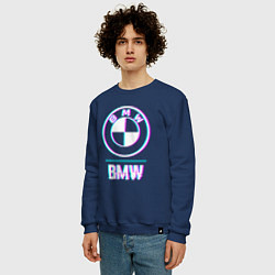 Свитшот хлопковый мужской Значок BMW в стиле glitch, цвет: тёмно-синий — фото 2