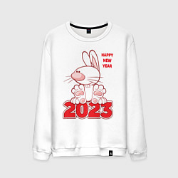 Свитшот хлопковый мужской Happy New Year, 2023, кролик сидит на цифрах, цвет: белый
