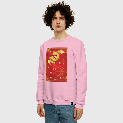 Мужской свитшот Китайский иероглиф и золотой кролик на красном / Светло-розовый – фото 3