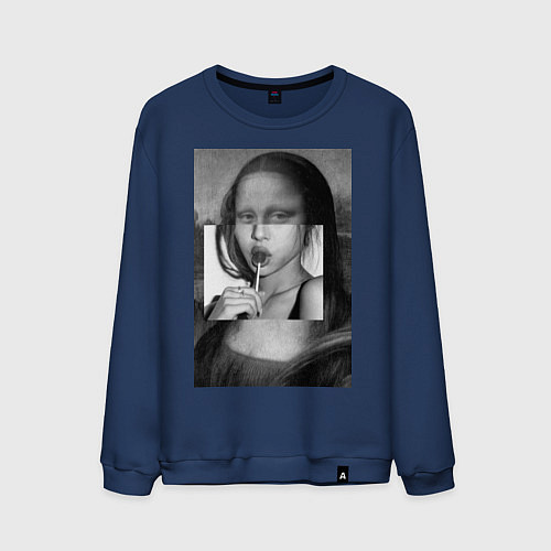 Мужской свитшот Мона Лиза с чупа чупсом - чёрно белая / Тёмно-синий – фото 1