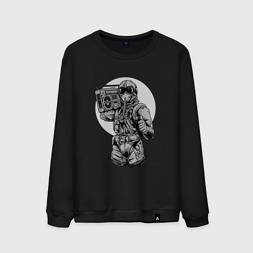 Мужской свитшот Летчик-истребитель с Бумбоксом слушает ретро музык / Черный – фото 1