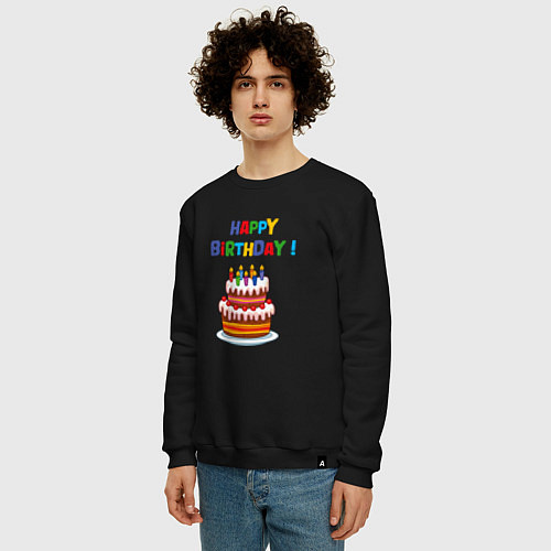 Мужской свитшот Торт со свечами с днём рождения / Черный – фото 3