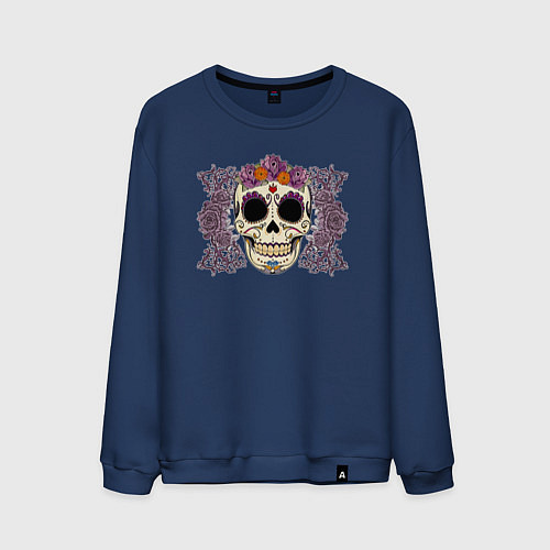 Мужской свитшот Мексиканский череп и фиолетовый розы / Тёмно-синий – фото 1