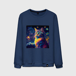 Свитшот хлопковый мужской Котик Винсент ван Гог, цвет: тёмно-синий