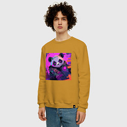 Свитшот хлопковый мужской Аниме панда в лучах неона, цвет: горчичный — фото 2