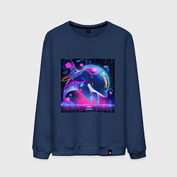 Свитшот хлопковый мужской Аниме дельфин в неоне, цвет: тёмно-синий